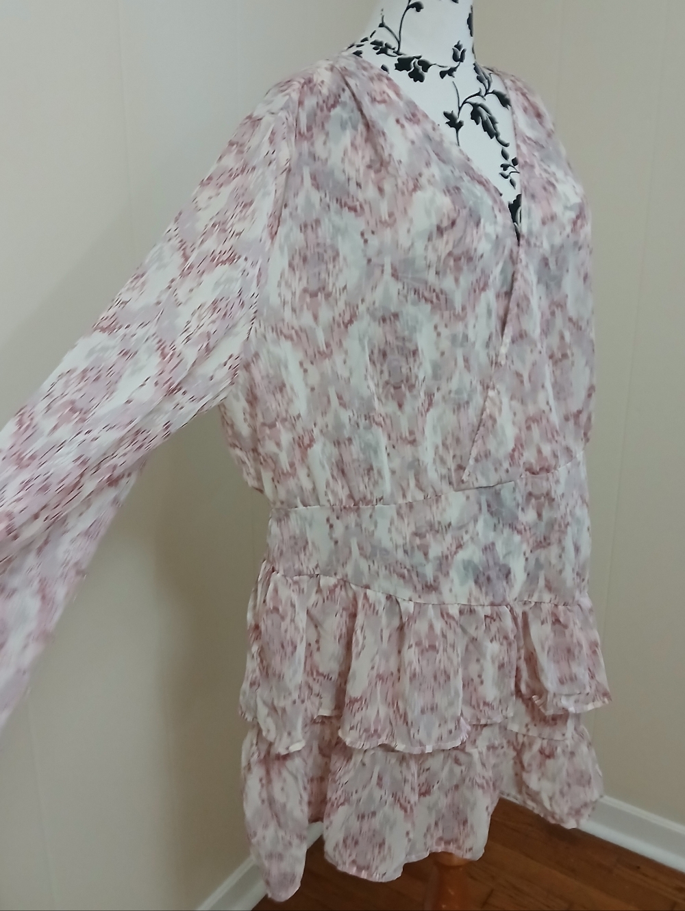 Pink and Gray Floral Print Chiffon Dress